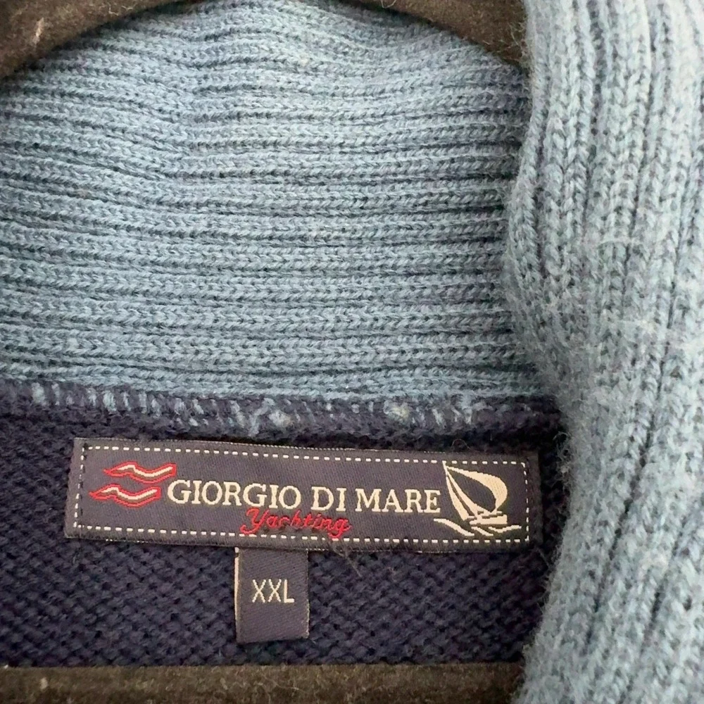 Giorgio Di Mare Sweater Mens XXL Blue Wool Blend Shawl Neck Elbow Patch Yachting